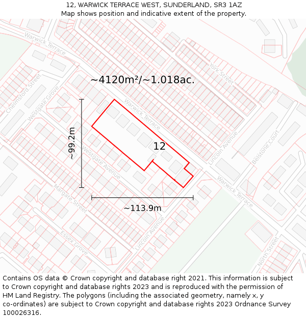 12, WARWICK TERRACE WEST, SUNDERLAND, SR3 1AZ: Plot and title map