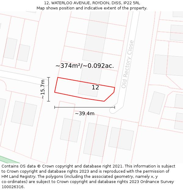 12, WATERLOO AVENUE, ROYDON, DISS, IP22 5RL: Plot and title map