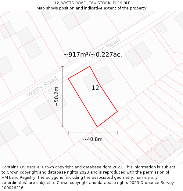 12, WATTS ROAD, TAVISTOCK, PL19 8LF: Plot and title map