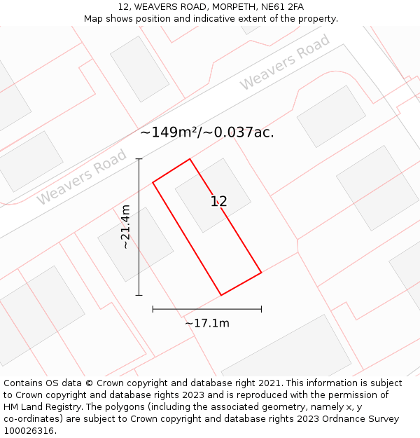 12, WEAVERS ROAD, MORPETH, NE61 2FA: Plot and title map