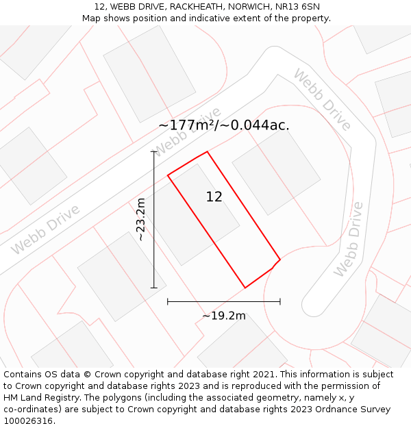 12, WEBB DRIVE, RACKHEATH, NORWICH, NR13 6SN: Plot and title map