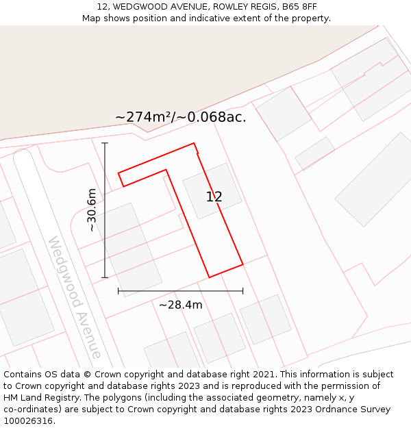 12, WEDGWOOD AVENUE, ROWLEY REGIS, B65 8FF: Plot and title map