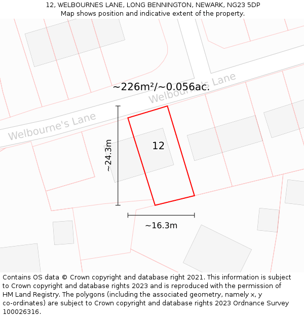 12, WELBOURNES LANE, LONG BENNINGTON, NEWARK, NG23 5DP: Plot and title map
