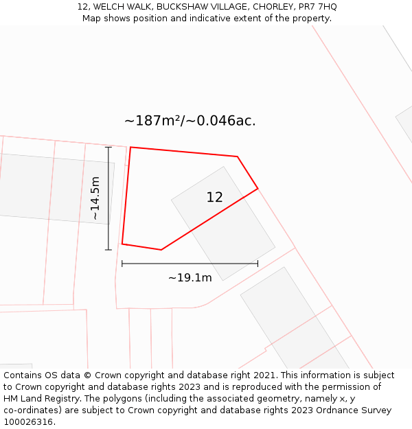 12, WELCH WALK, BUCKSHAW VILLAGE, CHORLEY, PR7 7HQ: Plot and title map