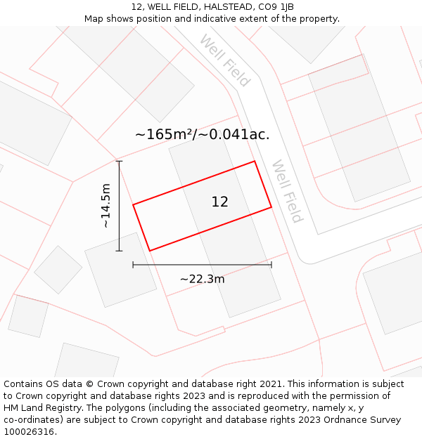 12, WELL FIELD, HALSTEAD, CO9 1JB: Plot and title map