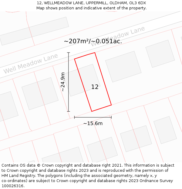 12, WELLMEADOW LANE, UPPERMILL, OLDHAM, OL3 6DX: Plot and title map