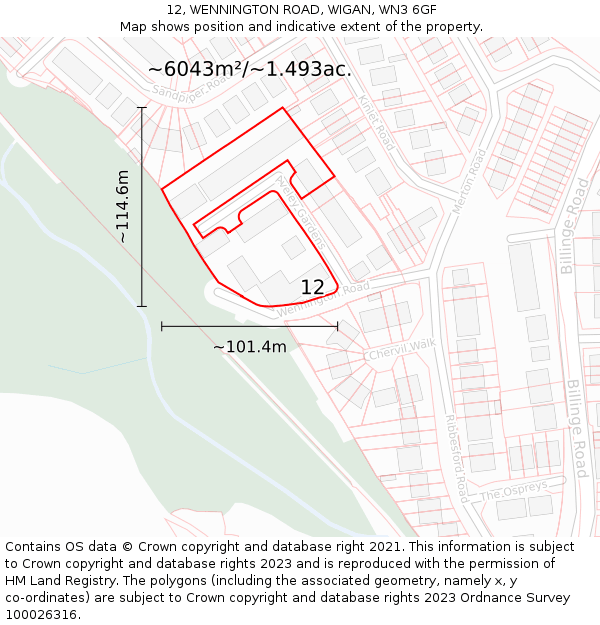 12, WENNINGTON ROAD, WIGAN, WN3 6GF: Plot and title map