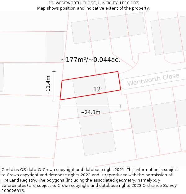 12, WENTWORTH CLOSE, HINCKLEY, LE10 1RZ: Plot and title map