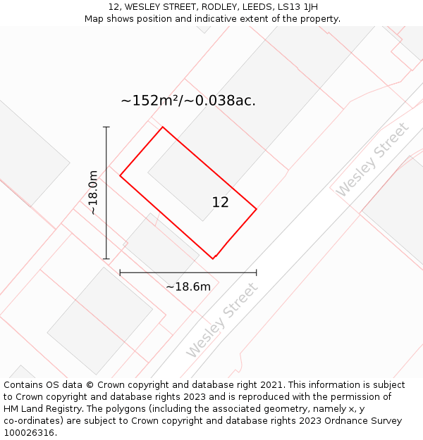 12, WESLEY STREET, RODLEY, LEEDS, LS13 1JH: Plot and title map