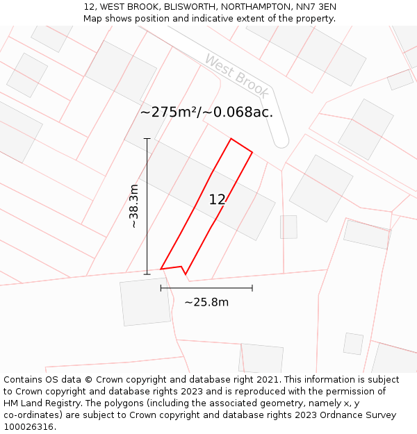 12, WEST BROOK, BLISWORTH, NORTHAMPTON, NN7 3EN: Plot and title map