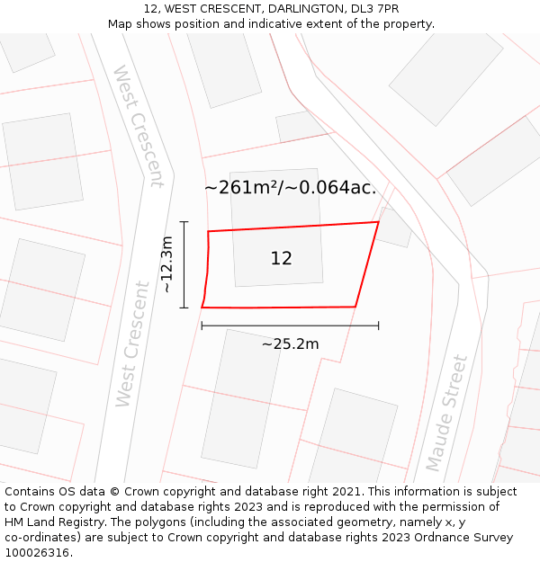 12, WEST CRESCENT, DARLINGTON, DL3 7PR: Plot and title map