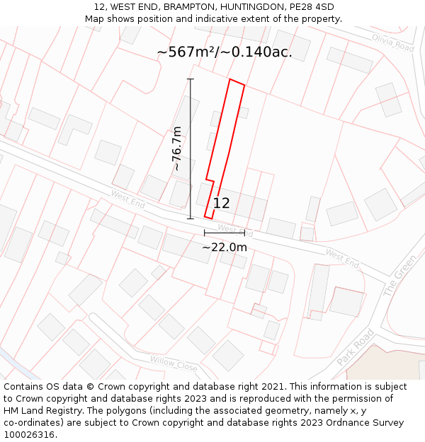 12, WEST END, BRAMPTON, HUNTINGDON, PE28 4SD: Plot and title map