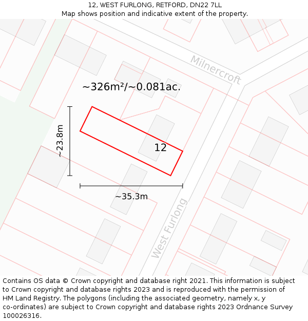 12, WEST FURLONG, RETFORD, DN22 7LL: Plot and title map