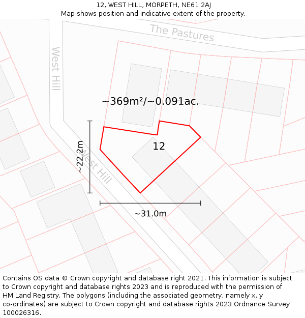 12, WEST HILL, MORPETH, NE61 2AJ: Plot and title map