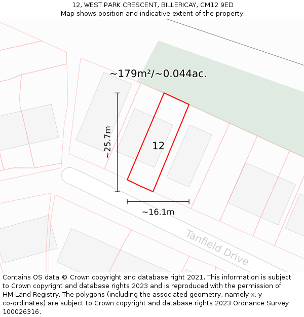 12, WEST PARK CRESCENT, BILLERICAY, CM12 9ED: Plot and title map
