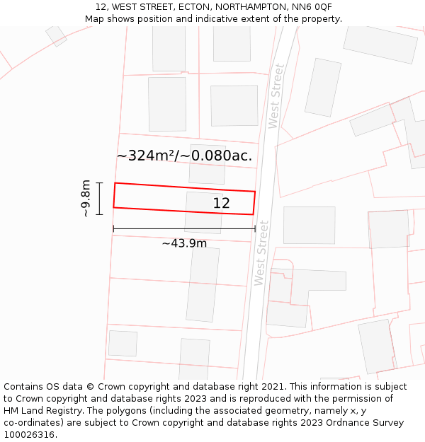 12, WEST STREET, ECTON, NORTHAMPTON, NN6 0QF: Plot and title map