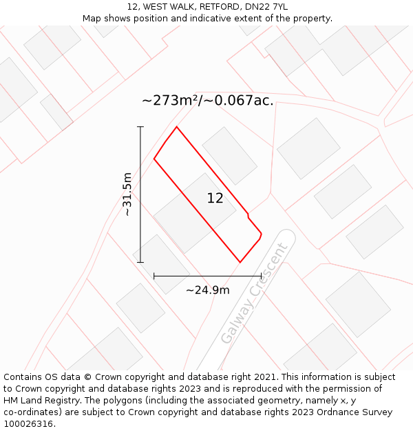 12, WEST WALK, RETFORD, DN22 7YL: Plot and title map
