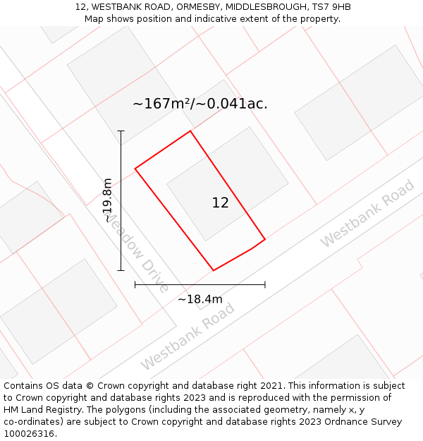 12, WESTBANK ROAD, ORMESBY, MIDDLESBROUGH, TS7 9HB: Plot and title map