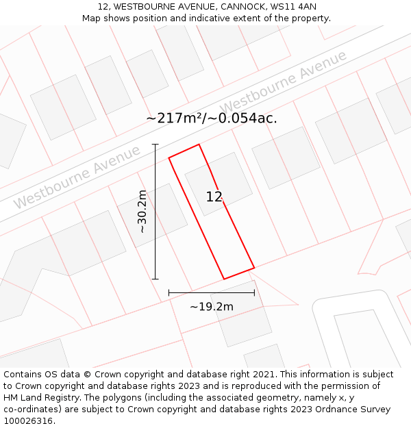 12, WESTBOURNE AVENUE, CANNOCK, WS11 4AN: Plot and title map