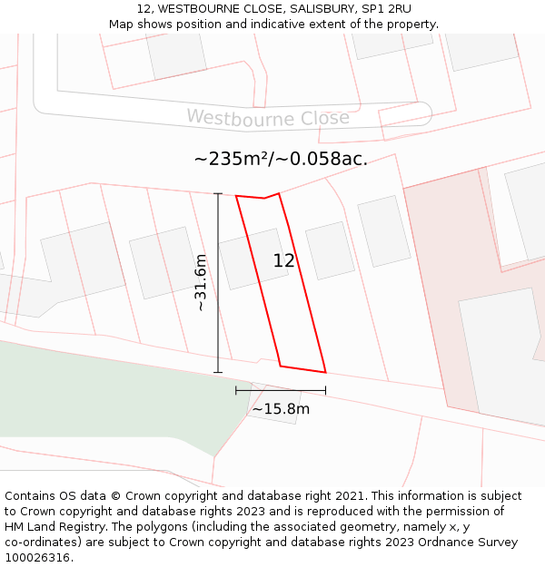 12, WESTBOURNE CLOSE, SALISBURY, SP1 2RU: Plot and title map