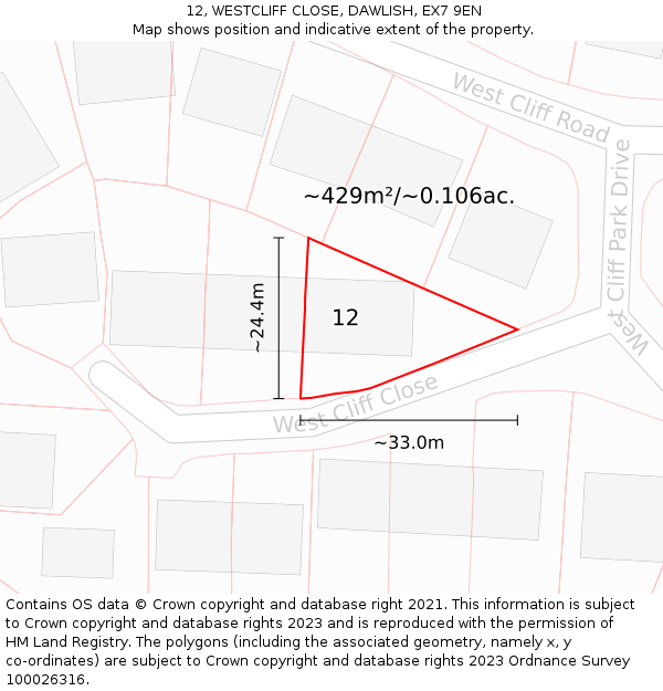 12, WESTCLIFF CLOSE, DAWLISH, EX7 9EN: Plot and title map
