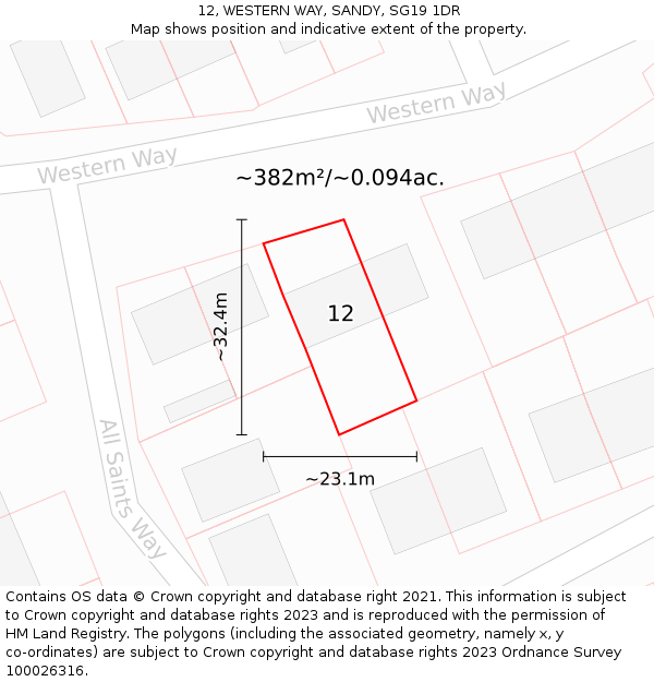 12, WESTERN WAY, SANDY, SG19 1DR: Plot and title map