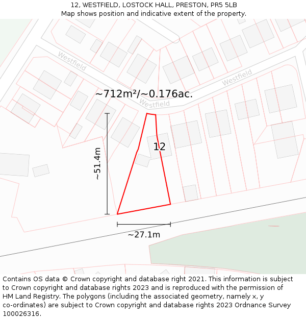 12, WESTFIELD, LOSTOCK HALL, PRESTON, PR5 5LB: Plot and title map