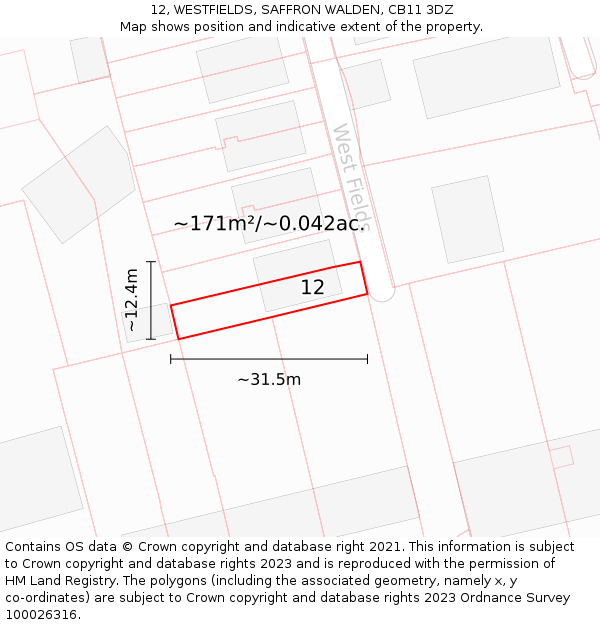 12, WESTFIELDS, SAFFRON WALDEN, CB11 3DZ: Plot and title map