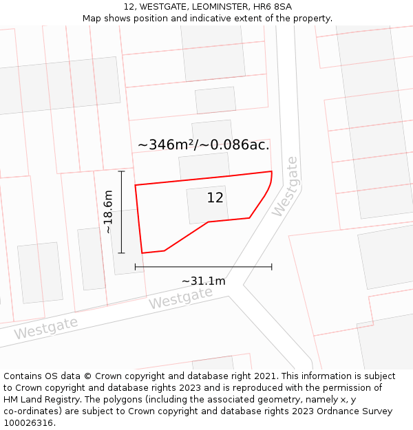 12, WESTGATE, LEOMINSTER, HR6 8SA: Plot and title map
