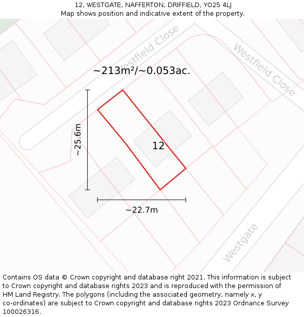 12, WESTGATE, NAFFERTON, DRIFFIELD, YO25 4LJ: Plot and title map