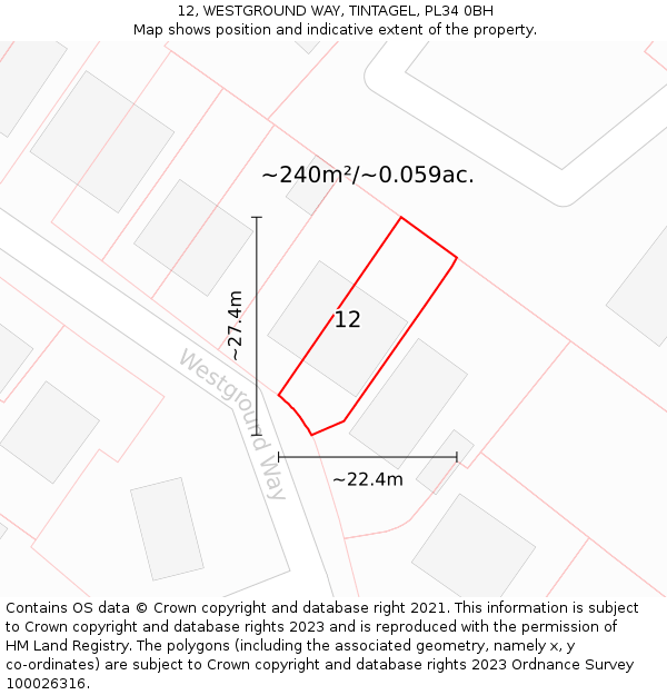 12, WESTGROUND WAY, TINTAGEL, PL34 0BH: Plot and title map