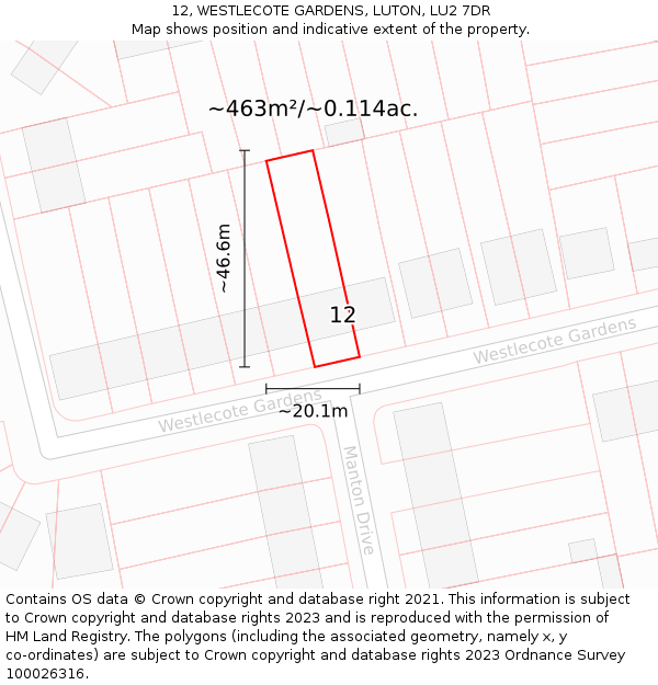 12, WESTLECOTE GARDENS, LUTON, LU2 7DR: Plot and title map