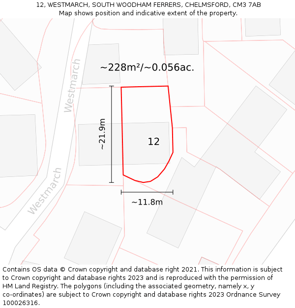 12, WESTMARCH, SOUTH WOODHAM FERRERS, CHELMSFORD, CM3 7AB: Plot and title map