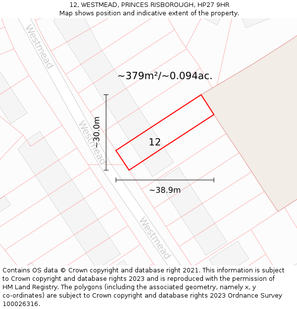 12, WESTMEAD, PRINCES RISBOROUGH, HP27 9HR: Plot and title map