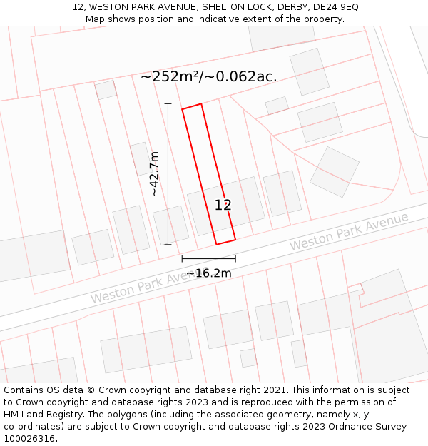 12, WESTON PARK AVENUE, SHELTON LOCK, DERBY, DE24 9EQ: Plot and title map