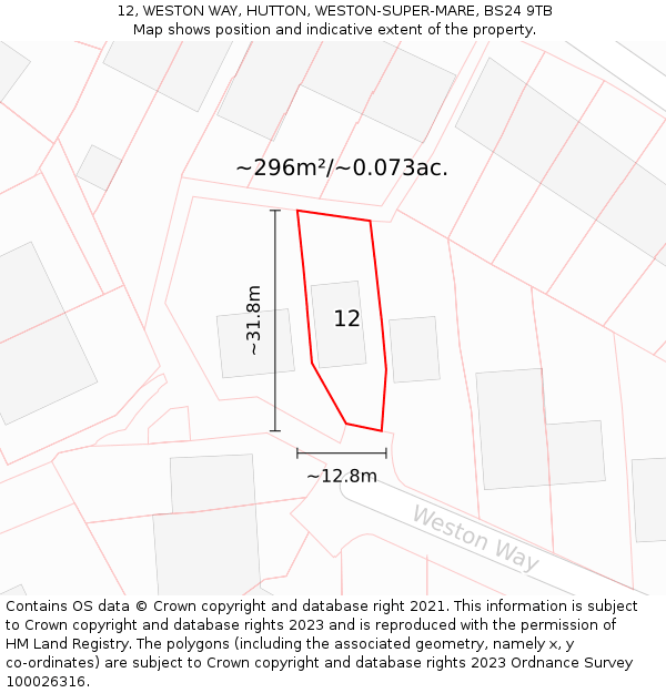12, WESTON WAY, HUTTON, WESTON-SUPER-MARE, BS24 9TB: Plot and title map