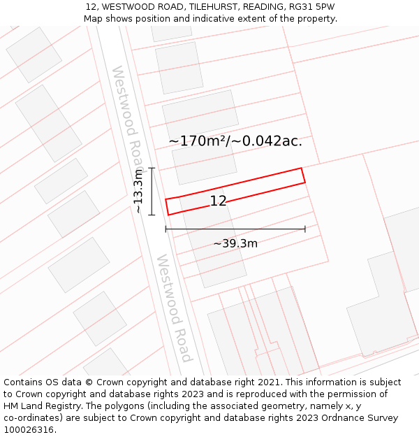 12, WESTWOOD ROAD, TILEHURST, READING, RG31 5PW: Plot and title map
