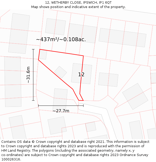 12, WETHERBY CLOSE, IPSWICH, IP1 6QT: Plot and title map
