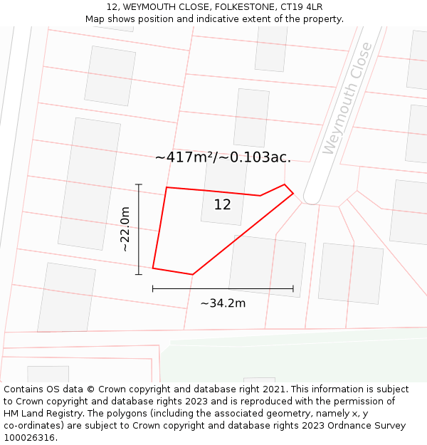 12, WEYMOUTH CLOSE, FOLKESTONE, CT19 4LR: Plot and title map