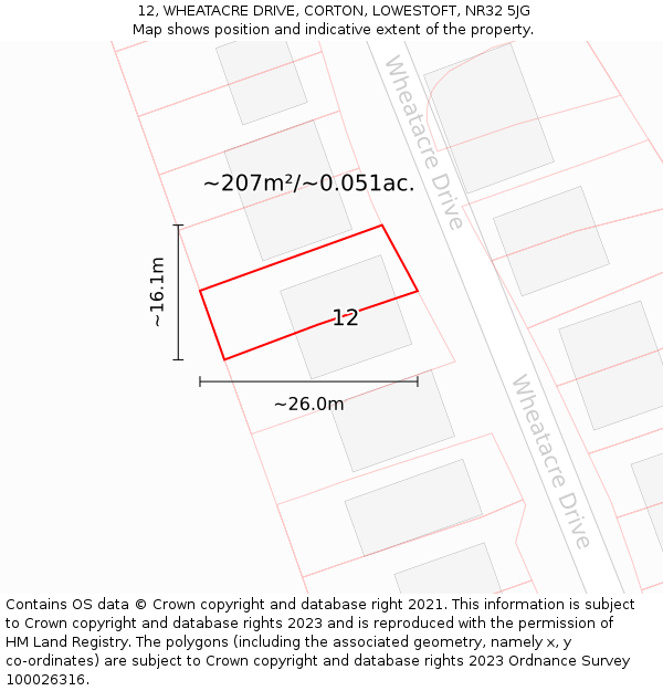 12, WHEATACRE DRIVE, CORTON, LOWESTOFT, NR32 5JG: Plot and title map