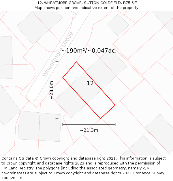 12, WHEATMORE GROVE, SUTTON COLDFIELD, B75 6JE: Plot and title map