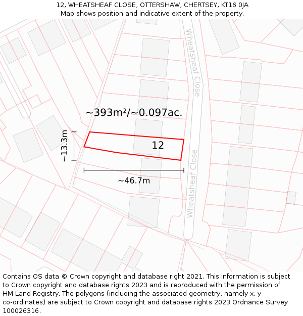 12, WHEATSHEAF CLOSE, OTTERSHAW, CHERTSEY, KT16 0JA: Plot and title map