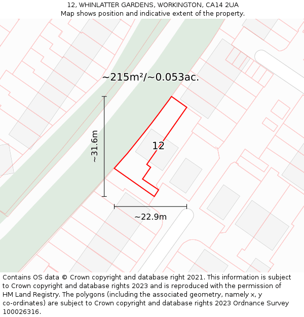 12, WHINLATTER GARDENS, WORKINGTON, CA14 2UA: Plot and title map