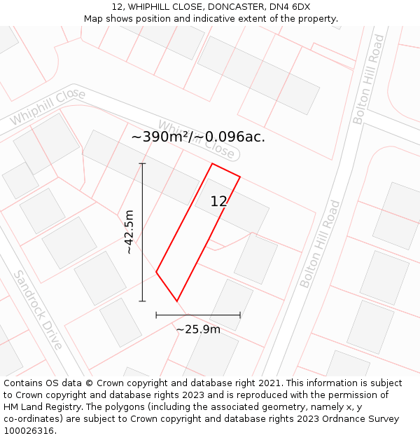 12, WHIPHILL CLOSE, DONCASTER, DN4 6DX: Plot and title map