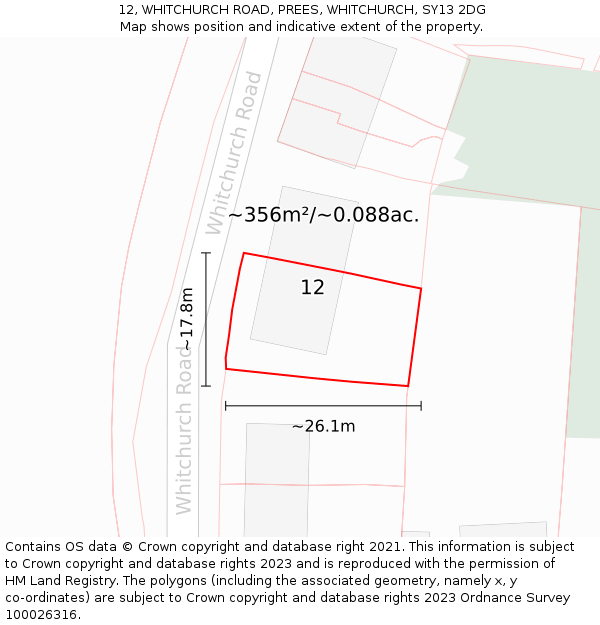 12, WHITCHURCH ROAD, PREES, WHITCHURCH, SY13 2DG: Plot and title map