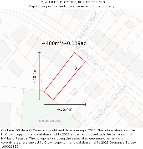12, WHITEFIELD AVENUE, PURLEY, CR8 4BG: Plot and title map