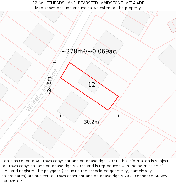 12, WHITEHEADS LANE, BEARSTED, MAIDSTONE, ME14 4DE: Plot and title map
