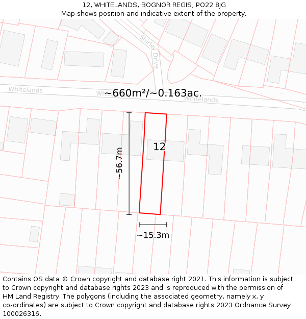 12, WHITELANDS, BOGNOR REGIS, PO22 8JG: Plot and title map