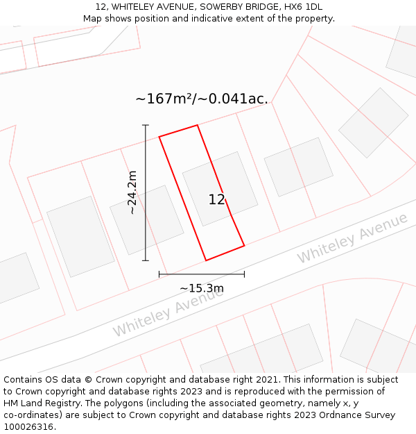 12, WHITELEY AVENUE, SOWERBY BRIDGE, HX6 1DL: Plot and title map