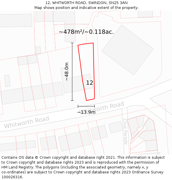 12, WHITWORTH ROAD, SWINDON, SN25 3AN: Plot and title map